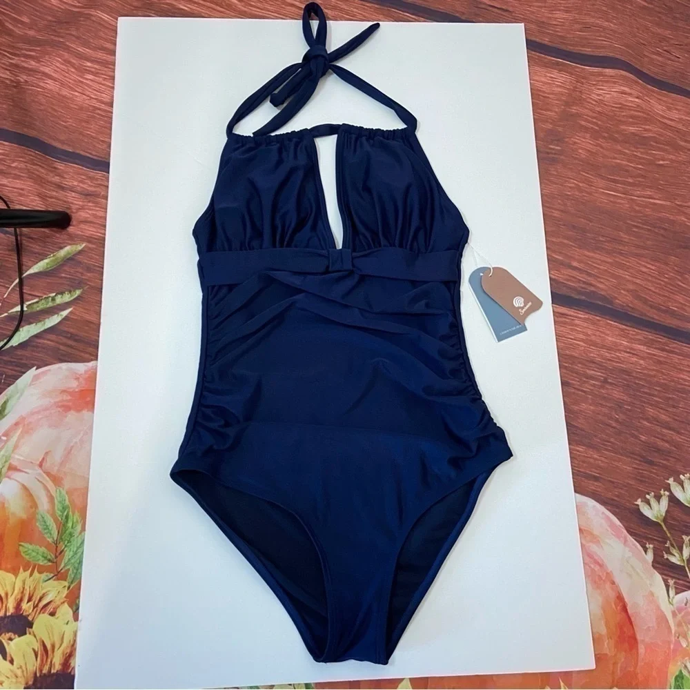 Smismivo Tummy Control Halter One Piece Retro Swimsuit Size Small Navy